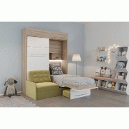 DUO SOFA - Armoire lit escamotable avec canapé moutarde - 2 lits indépendants 90x200 - Structure chêne, façade blanche_1