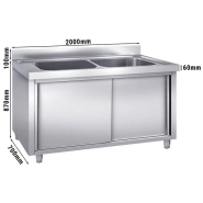 Plonge inox avec 2 grands bacs sur meuble - 2 portes coulissantes - l200 x p70 cm_1