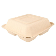Boîte bagasse naturelle 3 comp à couvercle attenant 20x20x7,5cm - par 200_1