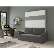 Armoire lit escamotable DJUKE SOFA - Blanc mat avec bandeau gris - Canapé gris intégré 160x200 cm_1