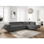 Canapé d'angle méridienne droite RINO convertible avec coffre - tissu gris graphite - pieds laqués noir - 3 têtières réglables_1
