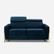 Canapé convertible express Odacio - sommier à lattes 140 cm, têtières réglables, matelas 16 cm, pieds dorés, velours bleu nuit_1