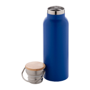Thermos en inox à double paroi - 500 ml - Couvercle en bambou et accroche en métal - Couleur bleu_1