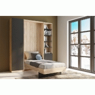 Composition lit escamotable style industriel KEY - bi-ton chêne noir mat 90x200 cm - L205 cm avec colonnes de rangement_1