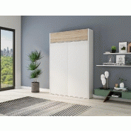 Armoire lit escamotable Aladyno - Blanc mat et bandeau chêne - 140x200 cm avec système d'ouverture assistée_1