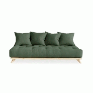 Canapé convertible futon Senza - pin naturel - coloris vert olive - couchage 90x200 cm - matelas épais 15 cm_1