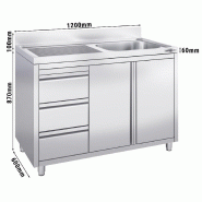 Plonge inox 1 bac à droite et égouttoir sur placard avec 3 tiroirs - 1200 x 600 mm_1