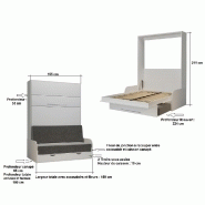 Armoire lit escamotable KOMPACT SOFA - Canapé avec accoudoirs et tiroirs - Blanc mat et tissu gris - Couchage 140x200 cm_1