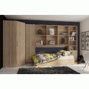 Composition angle lit escamotable Vertigo chêne naturel 411 x 100 cm - Couchage quotidien 90 x 200 cm avec rangements intégrés_1