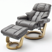 Fauteuil relax Clairac XL - assise en cuir marron nougat, pied en bois naturel avec repose-pied, inclinable 135° et rotation 360°_1