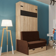 Lit escamotable style industriel KEY SOFA - canapé avec accoudoirs tissu marron, tiroirs de rangement, 90x200 cm_1