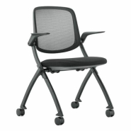 Fauteuil visiteur VISI - dossier en filet, assise rabattable, structure noire sur roulettes - Neuf_1