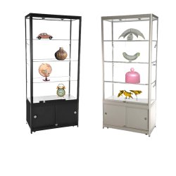 Vitrine d'exposition LED - H 200 x L 90 x P 45 cm - Verre trempé - Réserve incluse - Gris alu - Réf. 2228410