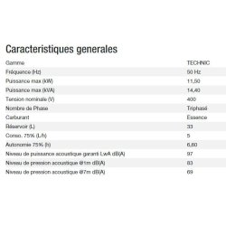 Groupe électrogène Technic 15000TA AVR C5 - Kohler - Triphasé - Puissance max 11,50 kW / 14,40 kVA - 400V