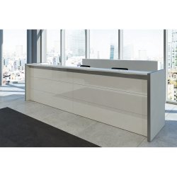 Banque d'accueil Nice 01 - Plans en MDF avec finitions variées et étagères en bois ou verre trempé
