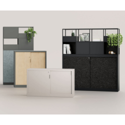 Comptoir à porte coulissante Mobimetal - acier, bois ou feutre - options acoustiques - personnalisable