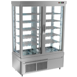 Vitrine réfrigérée positive à pâtisserie sur roulettes avec 4 côtés vitrés et 10 étagères - couleur argent