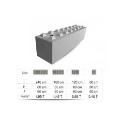 Bloc béton empilable largeur 0.6m - transportable avec crochets de levage Artéon