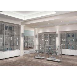 Comptoir vitrine en verre trempé sécurit avec serrure - aluminium blanc - L 71 x P 37 x H 90 cm - sur roulettes