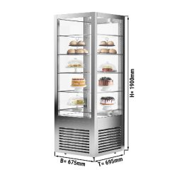 Vitrine réfrigérée à pâtisserie sur roulettes avec 4 côtés vitrés et 5 étagères - couleur argent