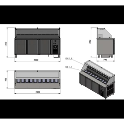 Vitrine de présentation - 2000 mm (refroidissement par ventilateur) Avec espace pompe à sauce - Référence : MCF.BSS.60.SOS