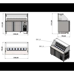 Vitrine de présentation - 1500 mm (refroidissement par ventilateur) Avec espace pompe à sauce - Référence : MCF.BSS.40.SOS