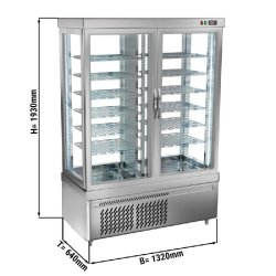 Vitrine réfrigérée négative à pâtisserie sur roulettes avec 4 côtés vitrés et 12 étagères - couleur argent