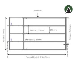 Bp23 - barriere de champs / porte pâturage galvanisee extensible 2 à 3 mètres