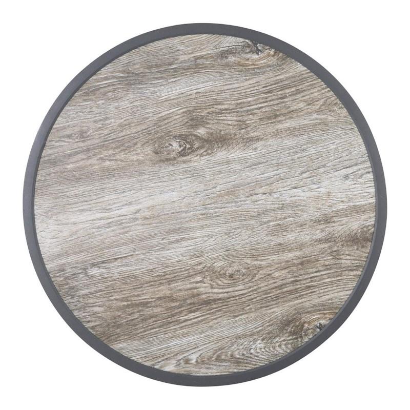 Plateau de table extérieur rond en verre trempé effet grain de bois bord gris 580mm | Bolero - DL486_2