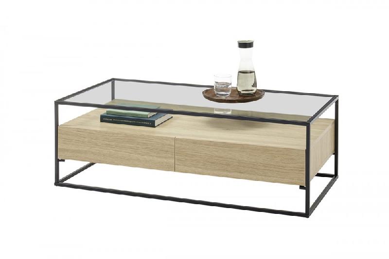 Table basse design Edmonton 120 cm - décor chêne, piètement acier époxy, plateau verre trempé, 2 tiroirs_2