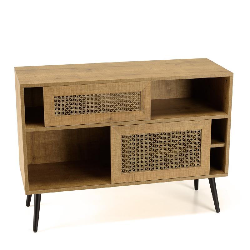 Buffet bas CALINE - 3 niches, 2 portes coulissantes effet cannage, pieds métal noir_2