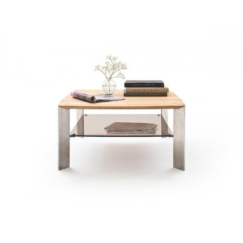 Table basse NEVERS en bois de chêne massif huilé et acier - 80 x 80 cm avec étagère en verre trempé teinté bronze_2
