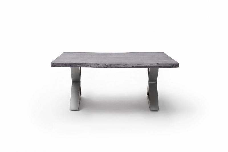Table basse Claren - Plateau en acacia laqué gris 110 cm - Piétement X en acier brossé_2