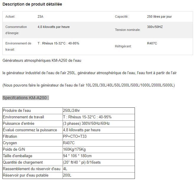 A250 - Fontaines à eau atmosphériques - Yueqing Kemao - Capacité 250 litres/j - Certification CE IEC RHOS_2