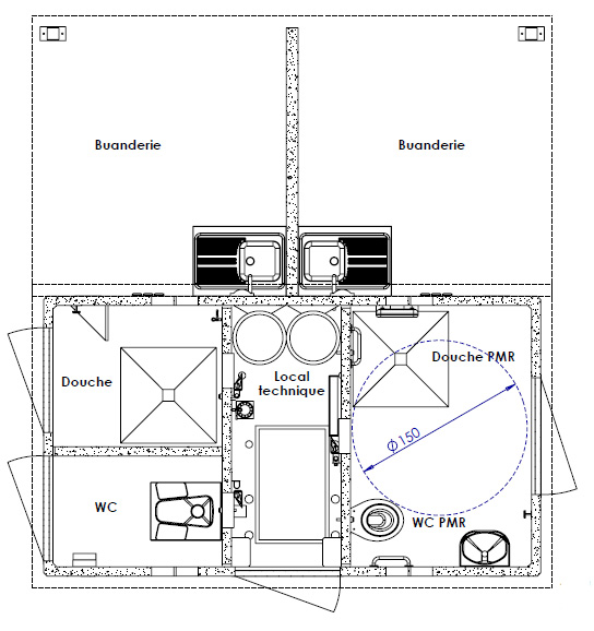 Sanitaires publics extérieurs pmr module deux familles / 2 douches_2