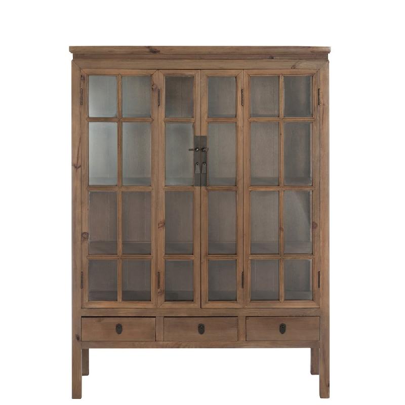 Buffet vaisselier Dara - 2 portes vitrées, 3 tiroirs, bois massif naturel et verre trempé_2