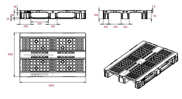 Palette plastique 1200x800 3 semelles - BLPG-1080LOG - plateau plein ou ajouré - charges jusqu'à 5000 kg_2