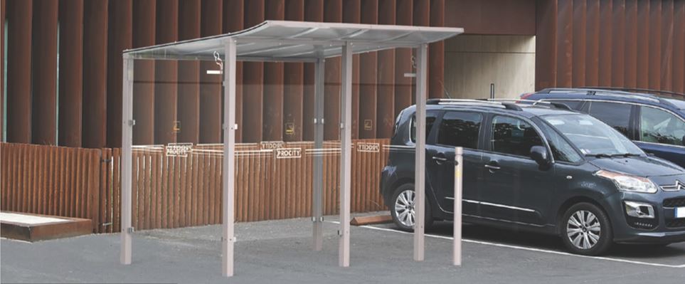 Abri fumeurs simple et élégant - MODULO - longueur 2500 ou 5000 mm, toiture en aluminium et bardages en verre sécurisé_2
