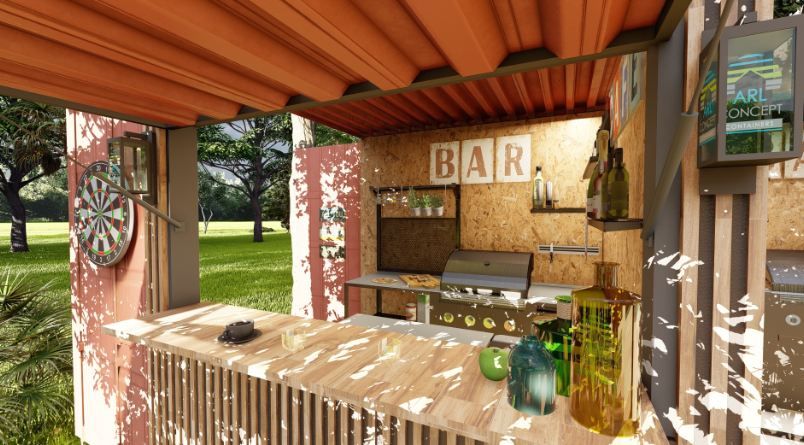 Cuisine d'été en container avec options de bardage bois