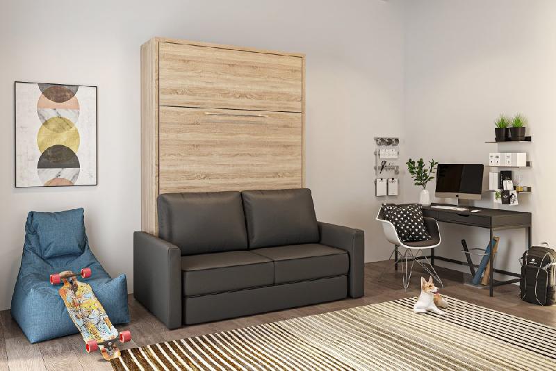 FIDJI SOFA - Lit escamotable 140x200 cm avec canapé intégré en polyuréthane gris graphite, finition mélaminé chêne_2