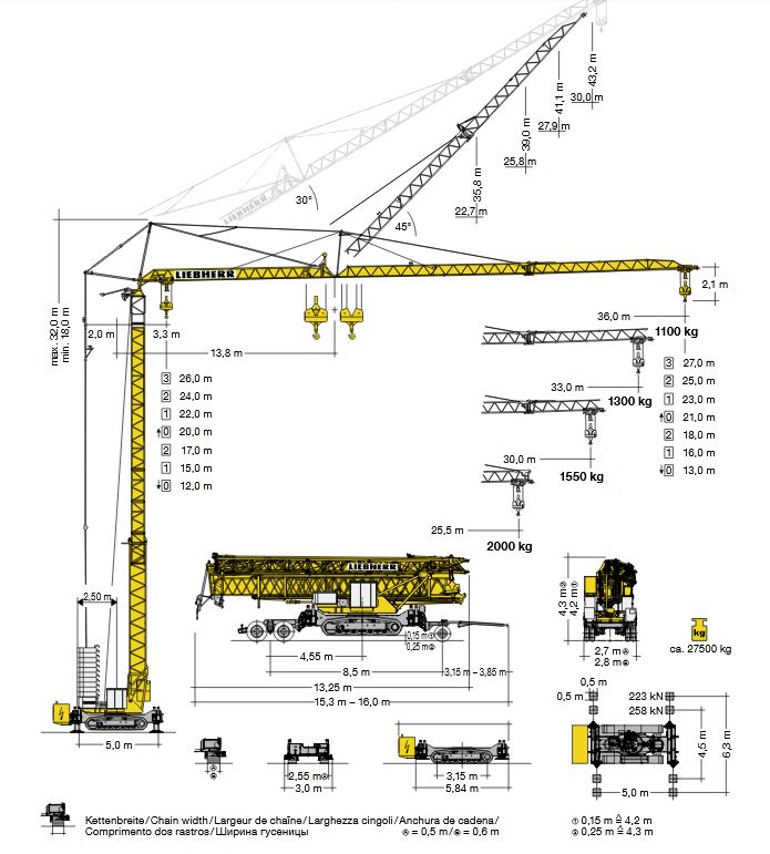 Équipement de chantier 42 KR.1 sur chenilles avec position de flèche relevée à 30°