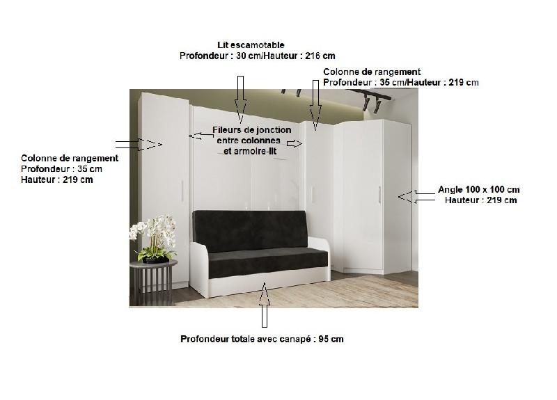 Composition angle lit escamotable Dynamo Sofa - Canapé noir 140x200 cm avec accoudoirs mélaminés blancs - L355xP100 cm_2
