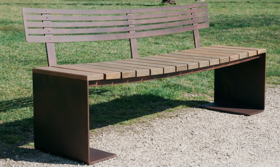 Banc public en bois - CYRIA MANTA - Dossier et assise confortables - Structure acier corten_2