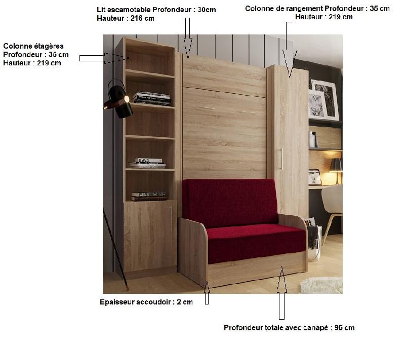 Composition lit escamotable DYNAMO SOFA - accoudoirs chêne - tissu rouge - couchage 90x200 cm - L205 cm_2
