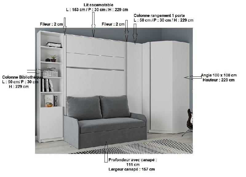 COMPOSITION ANGLE LIT ESCAMOTABLE 140 BLANC MAT BERMUDES SOFA CANAPÉ MICROFIBRE GRIS_2