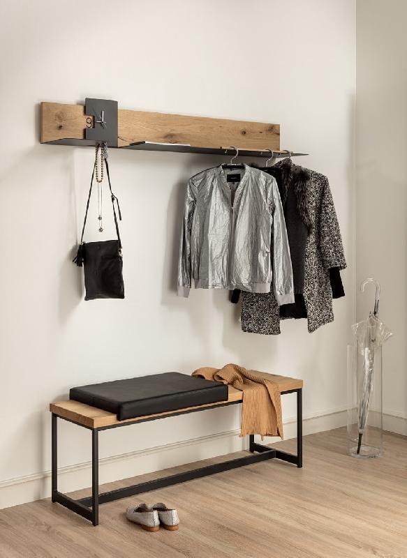 Étagère design style chêne - porte-manteau avec horloge intégrée et finition en placage bois_2