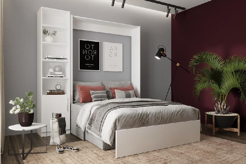 Composition lit escamotable Dynamo Sofa - Blanc mat - Canapé accoudoirs gris avec colonne bibliothèque 140x200 cm_2