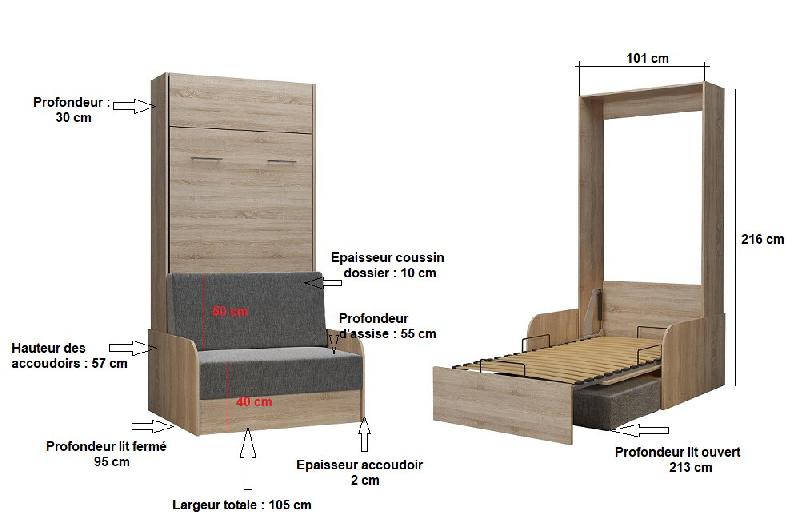 Armoire lit escamotable Dynamo Sofa - Canapé accoudoirs chêne naturel - Tissu gris - Couchage 90x200 cm_2