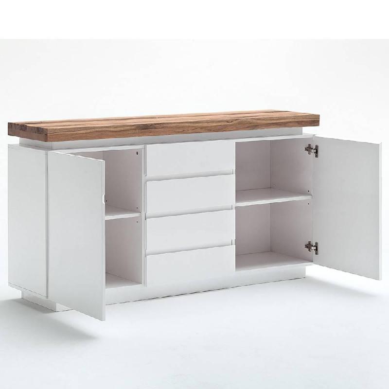 Buffet Romina - 2 portes, 4 tiroirs, laqué blanc mat avec plateau chêne noueux huilé et éclairage LED intégré_2
