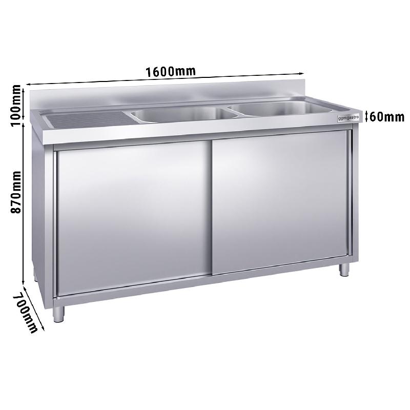 Plonge inox 2 bacs et égouttoir sur placard - P 700 mm -_2